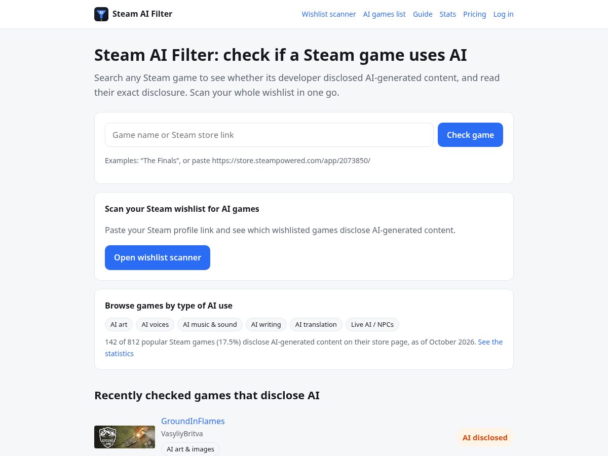 Landing-page snapshot of steamaifilter.xyz