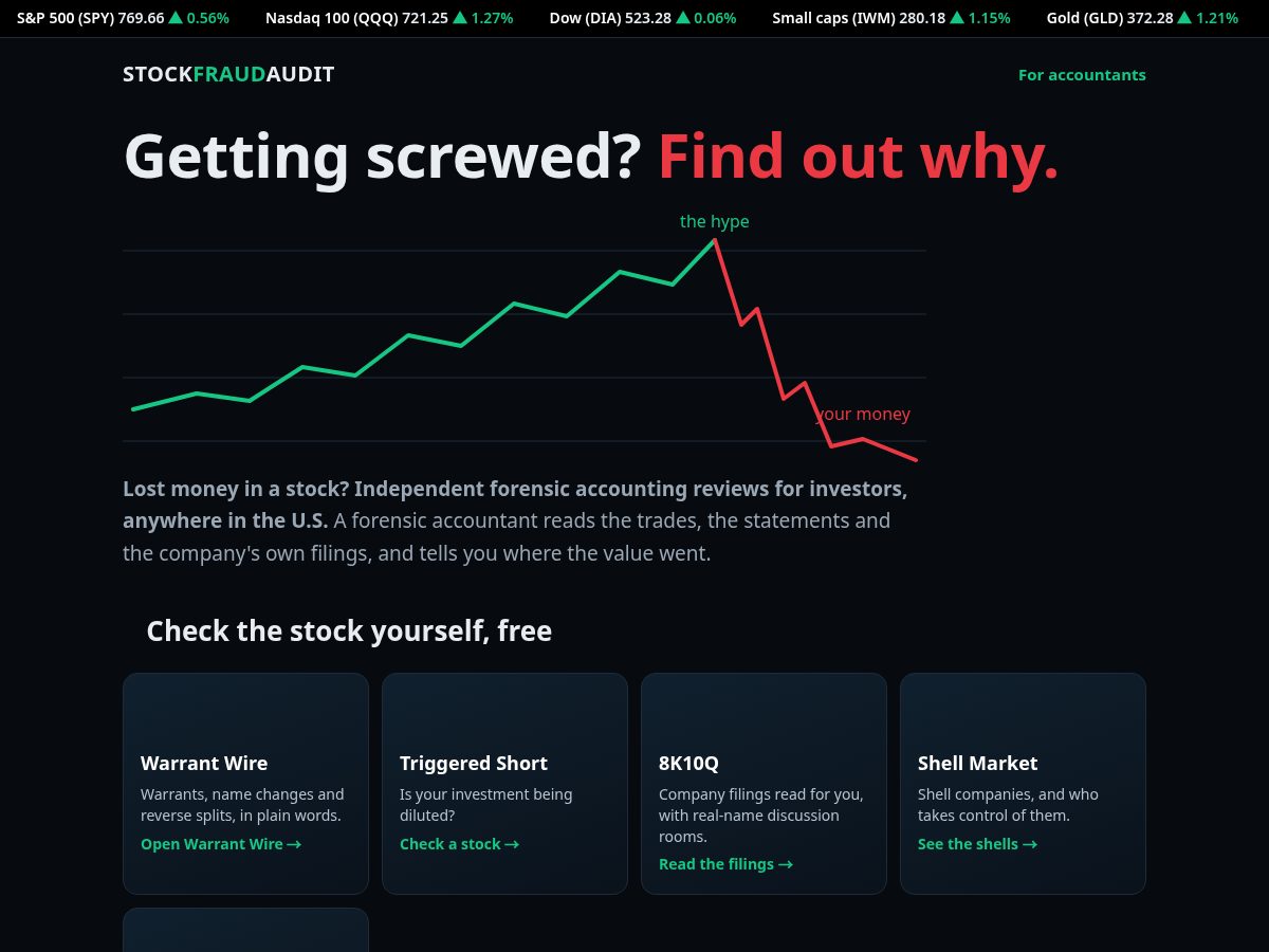 Landing-page snapshot of stockfraudaudit.com