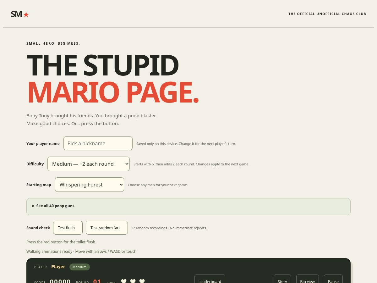 Landing-page snapshot of stupidmariopage.com