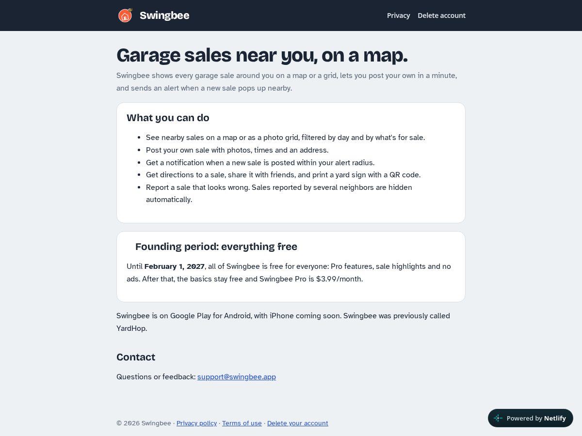 Landing-page snapshot of swingbee.net