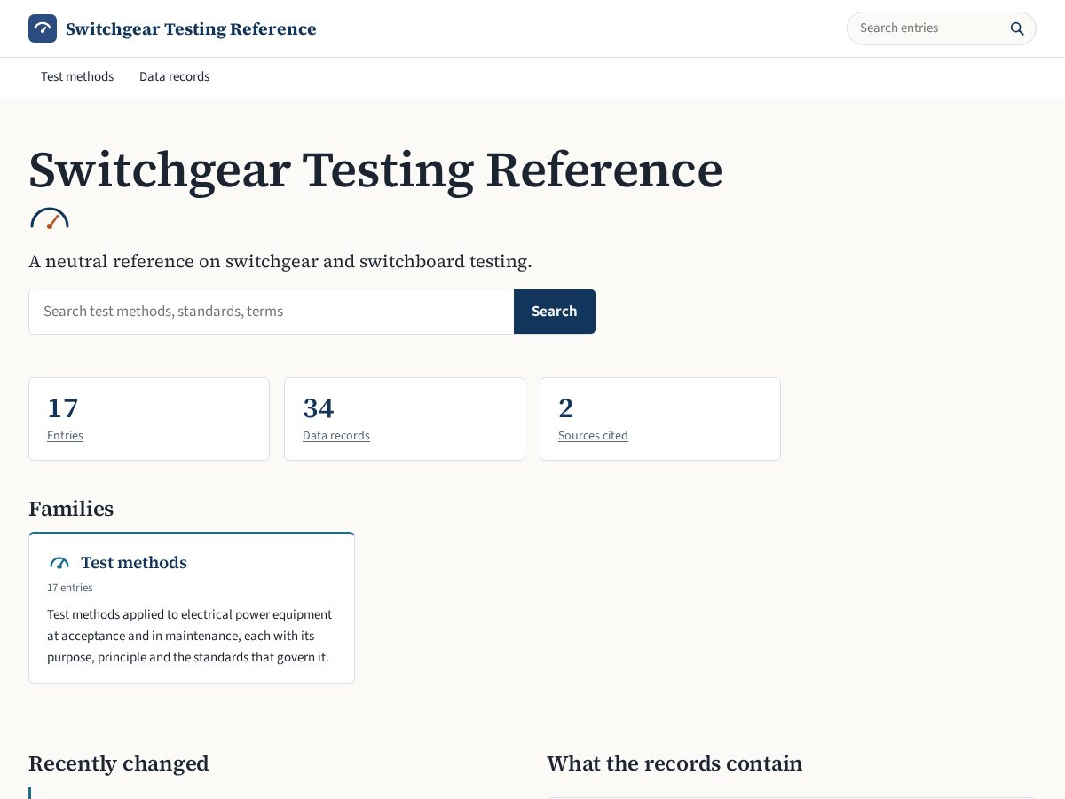 Landing-page snapshot of switchgeartestingreference.com