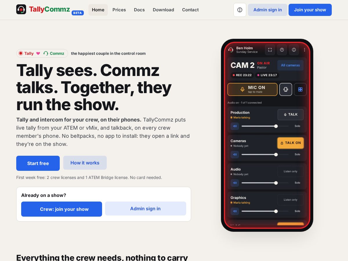 Landing-page snapshot of tallycommz.com