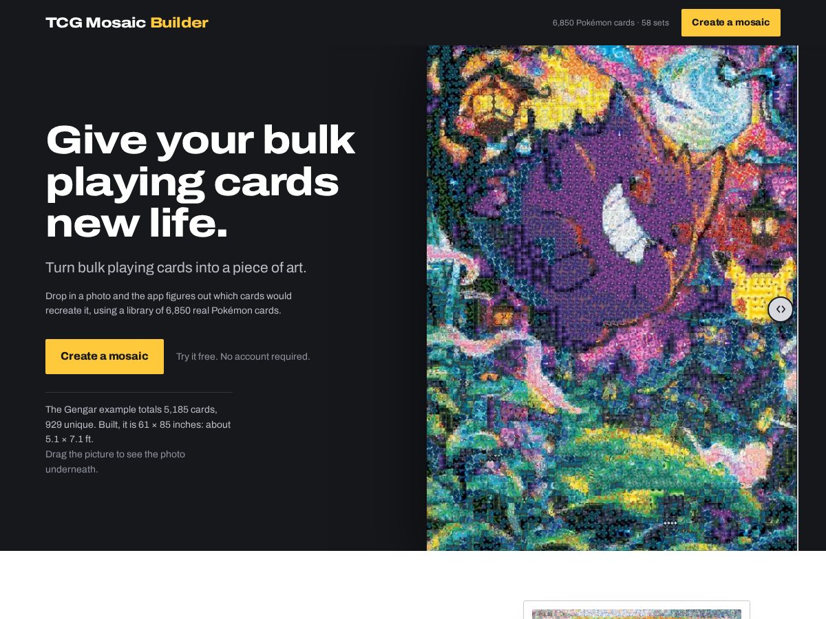 Landing-page snapshot of tcgmosaicbuilder.com
