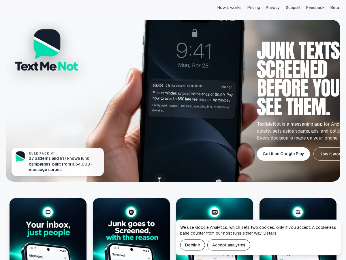 Landing-page snapshot of textmenot.net