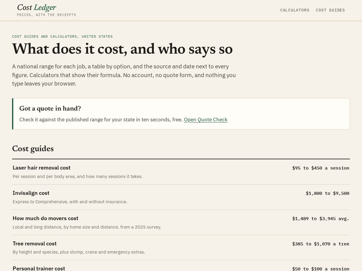 Landing-page snapshot of thecostledger.com