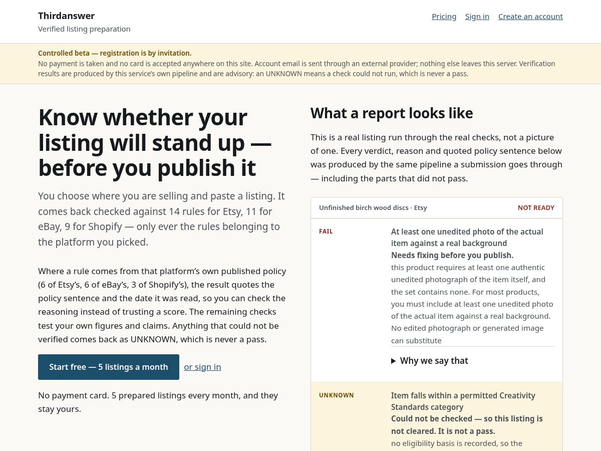 Landing-page snapshot of thirdanswer.com