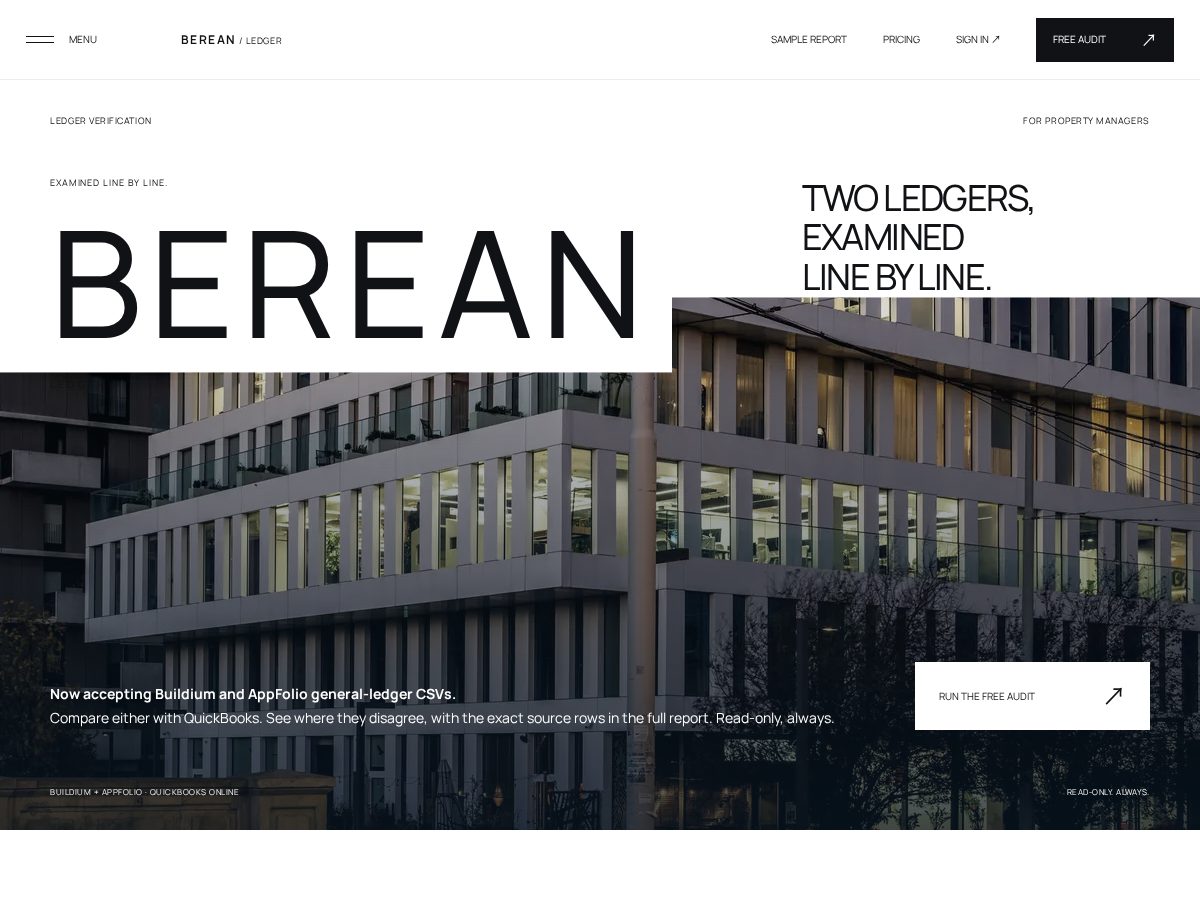 Landing-page snapshot of trybereanledger.com