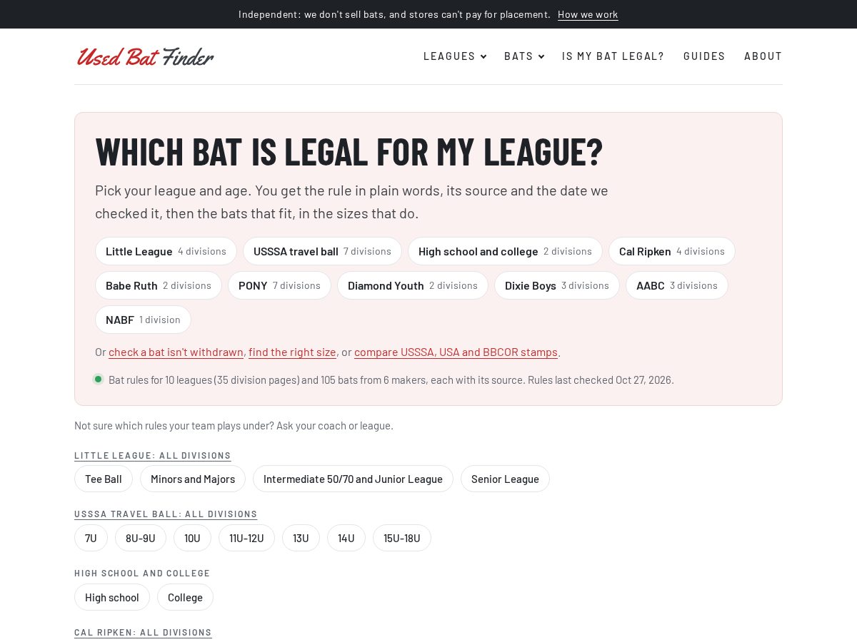 Landing-page snapshot of usedbatfinder.com