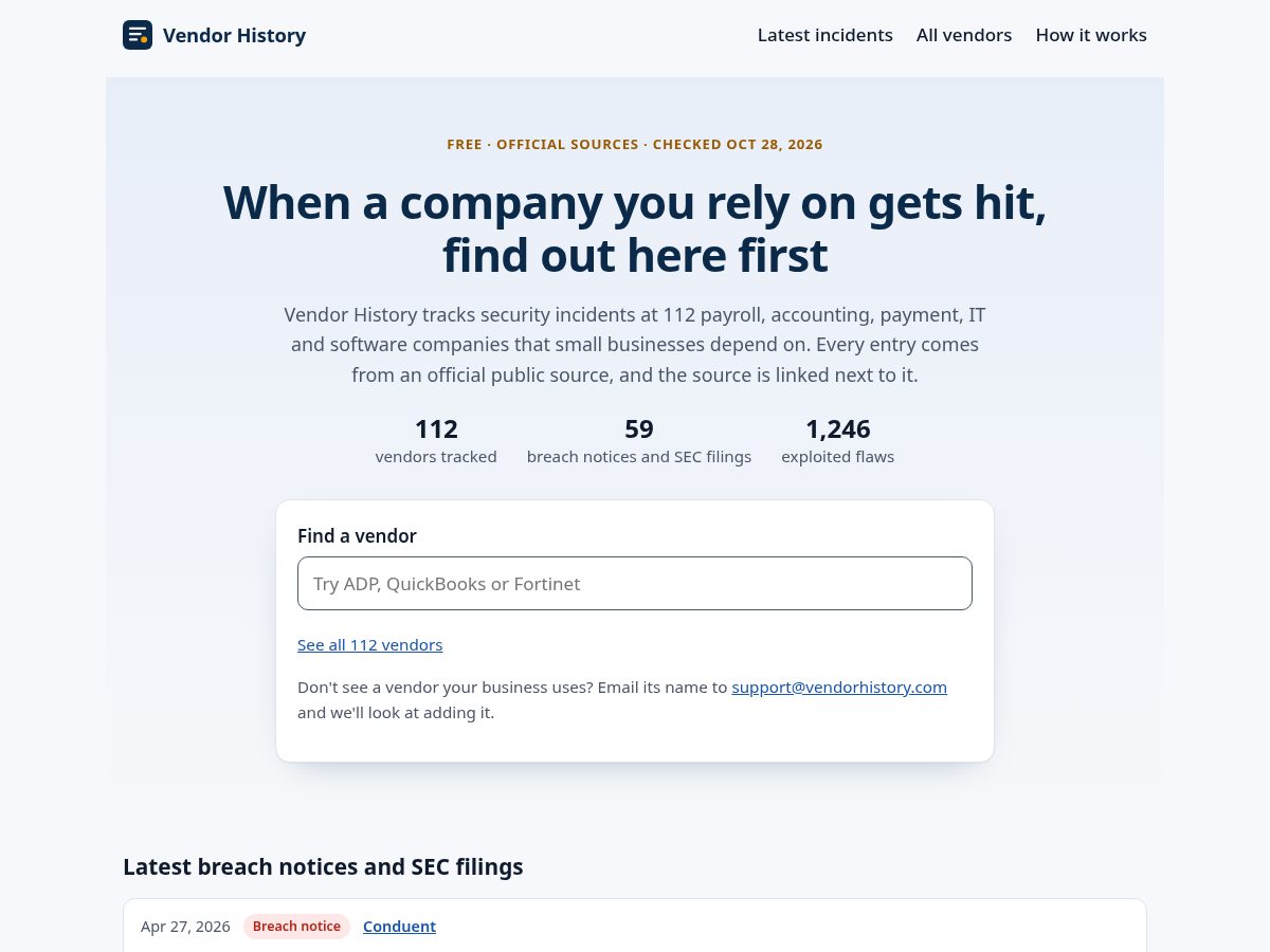 Landing-page snapshot of vendorhistory.com