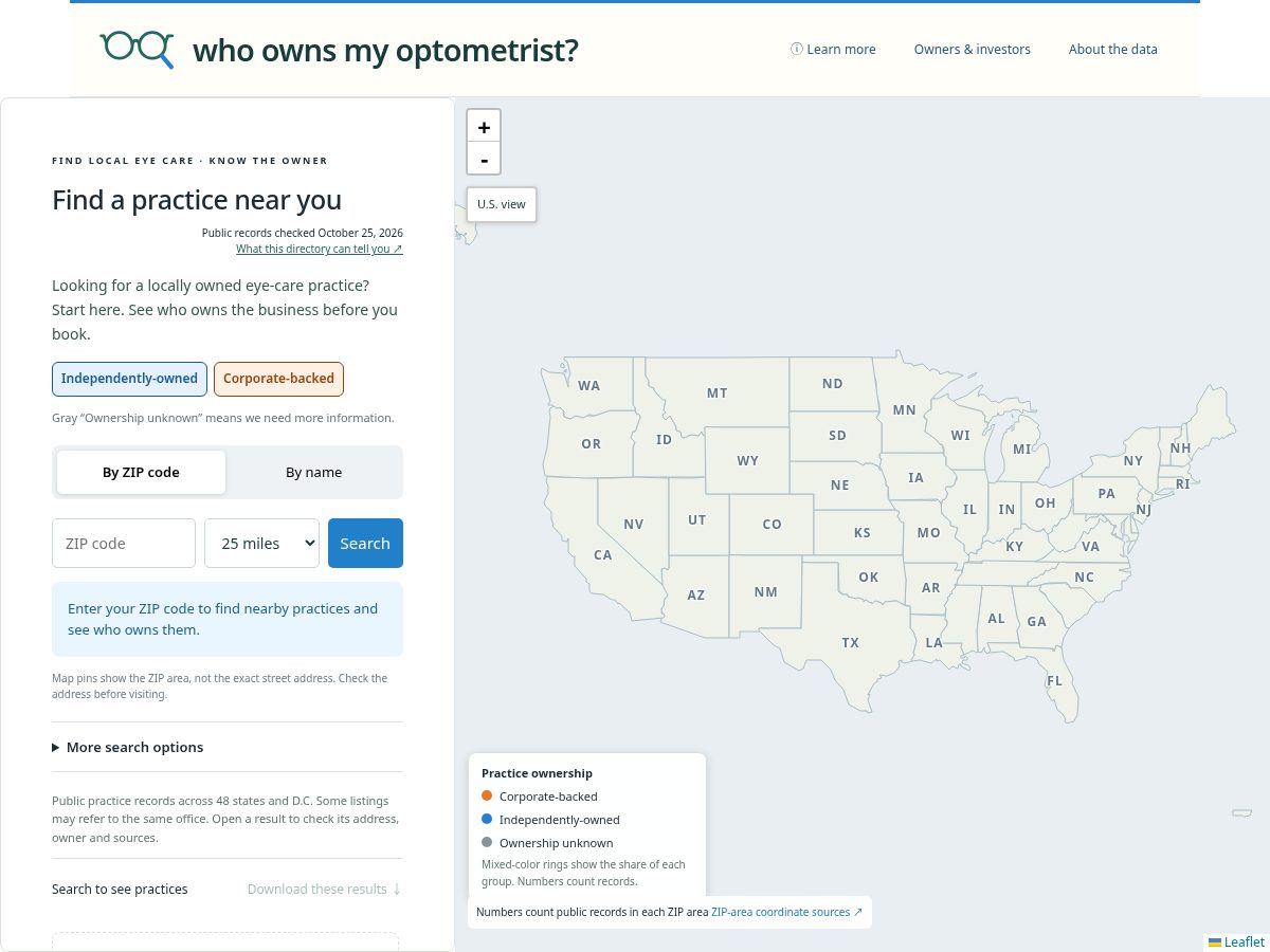 Landing-page snapshot of whoownsmyoptometrist.com