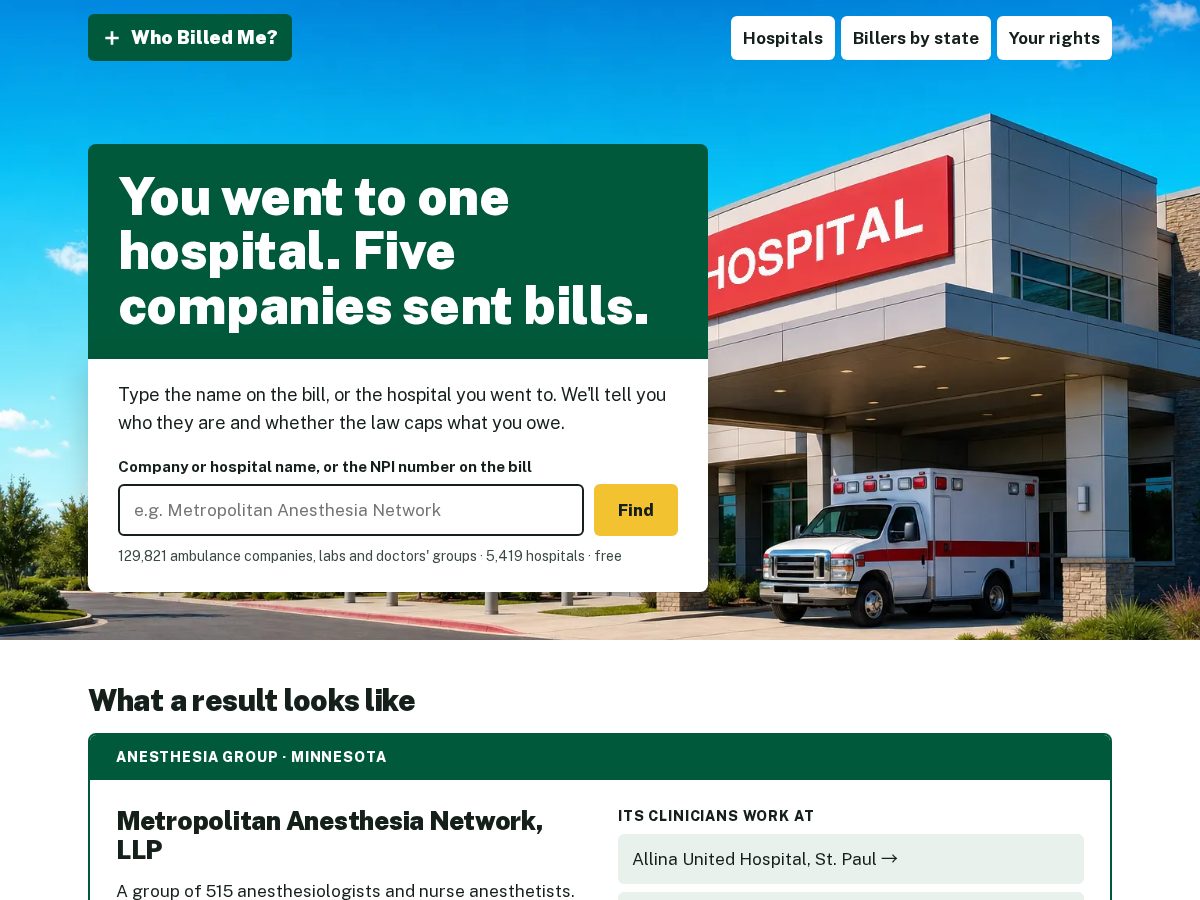 Landing-page snapshot of whosentmethisbill.com