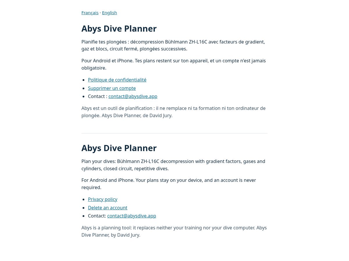 Landing-page snapshot of abysdive.app