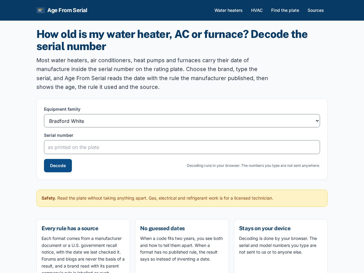 Landing-page snapshot of agefromserial.com