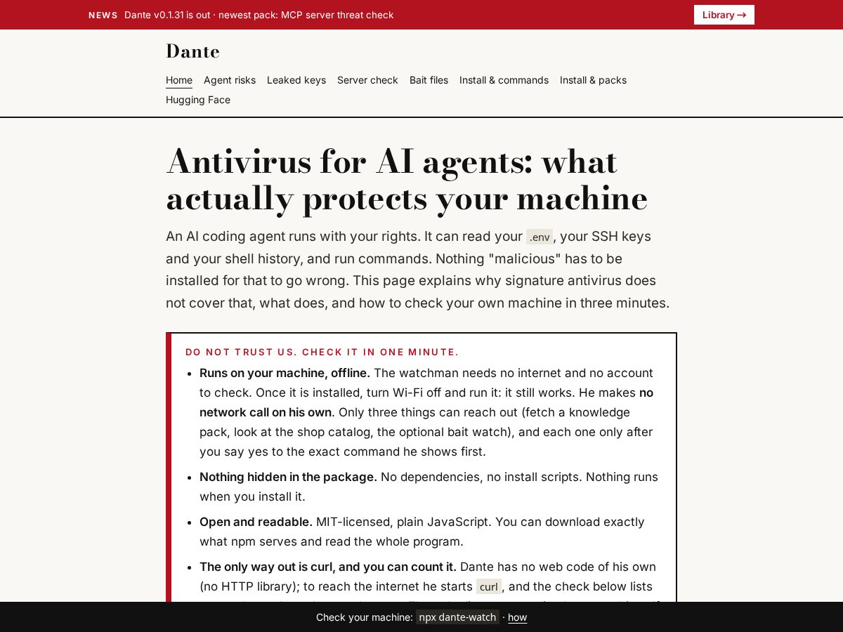 Landing-page snapshot of ai-agent-antivirus.space