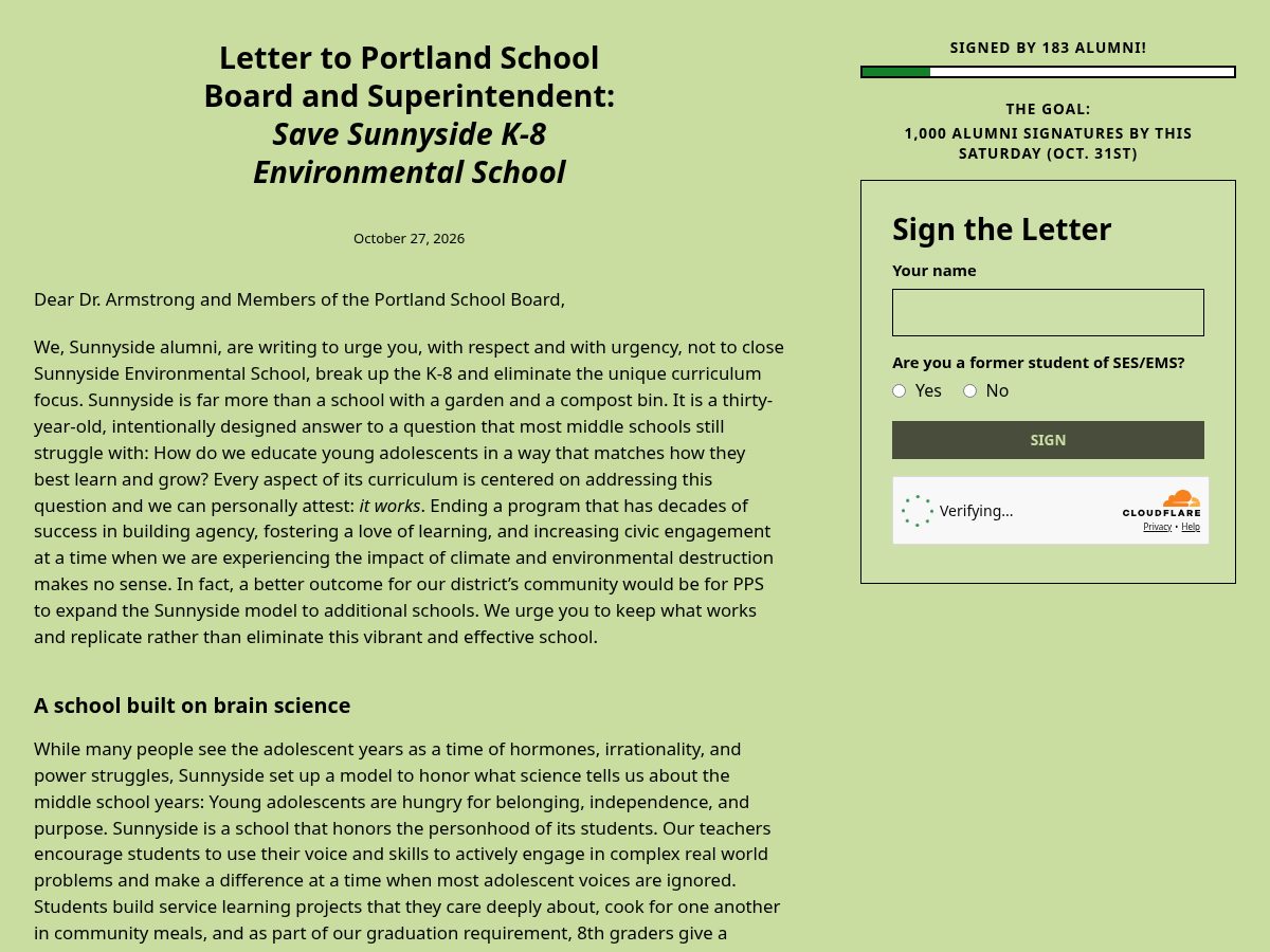 Landing-page snapshot of alumniforsunnyside.org