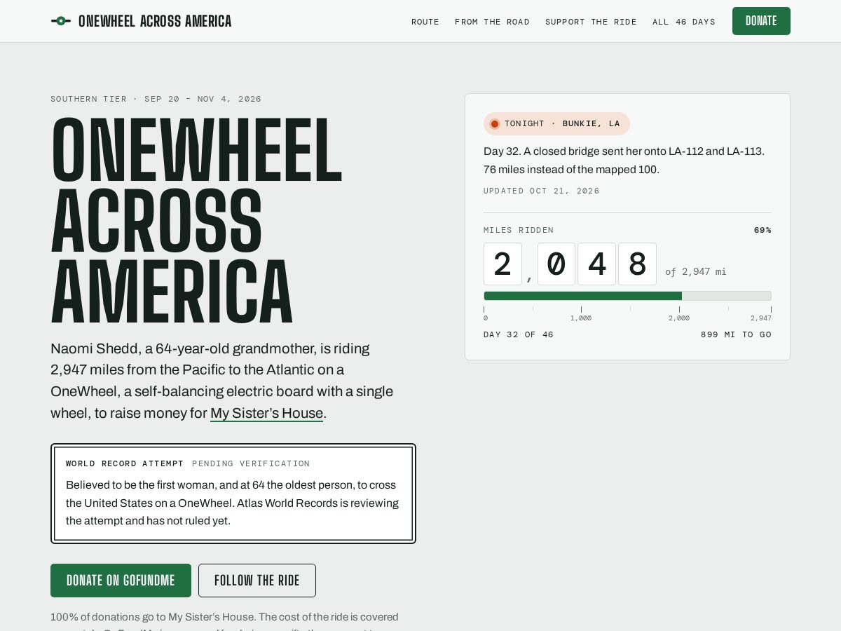Landing-page snapshot of americabyonewheel.com