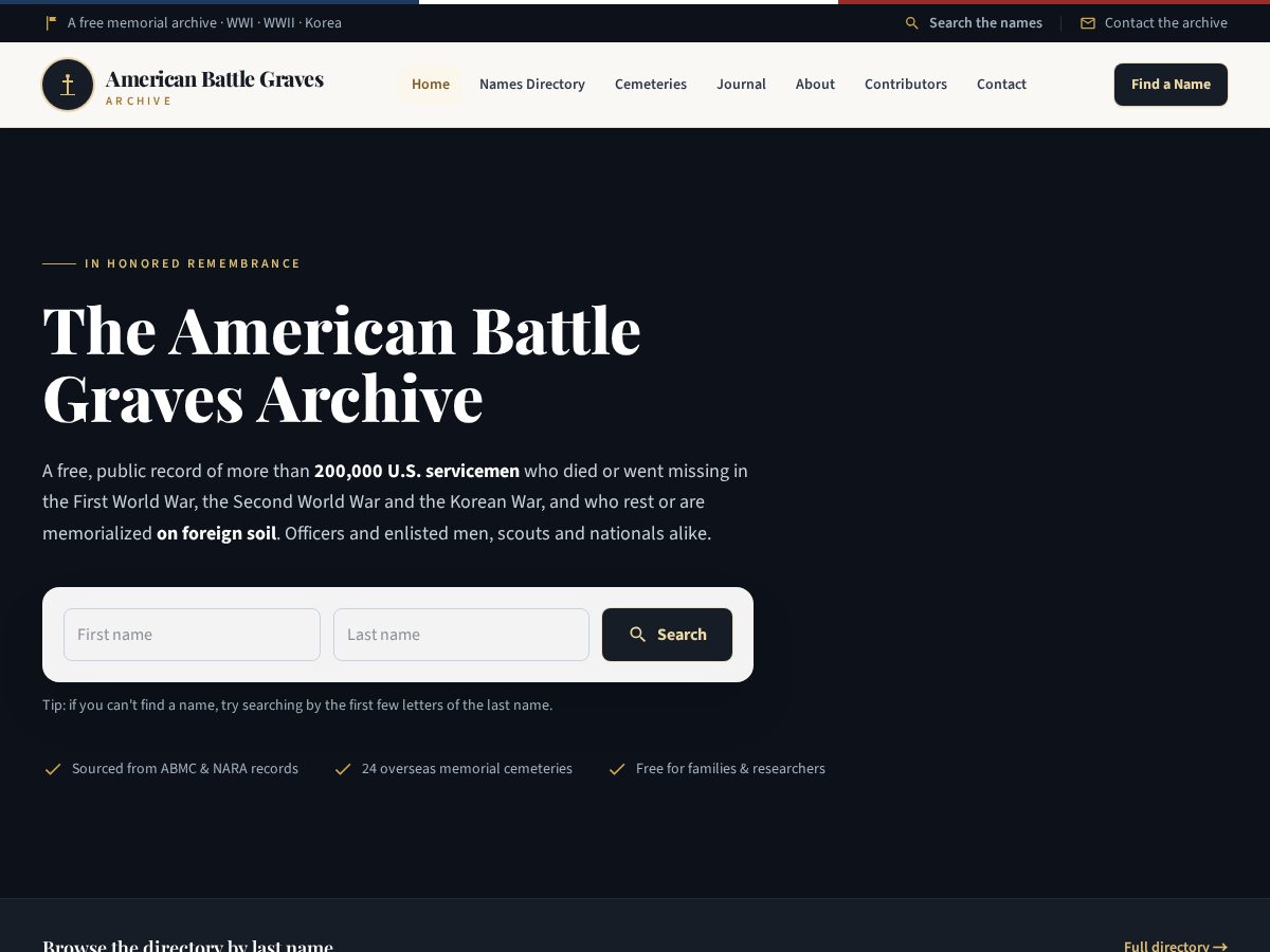 Landing-page snapshot of americanbattlegraves.com