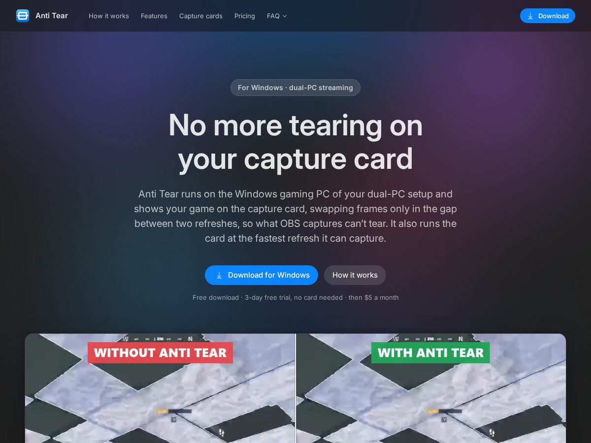 Landing-page snapshot of antitear.com