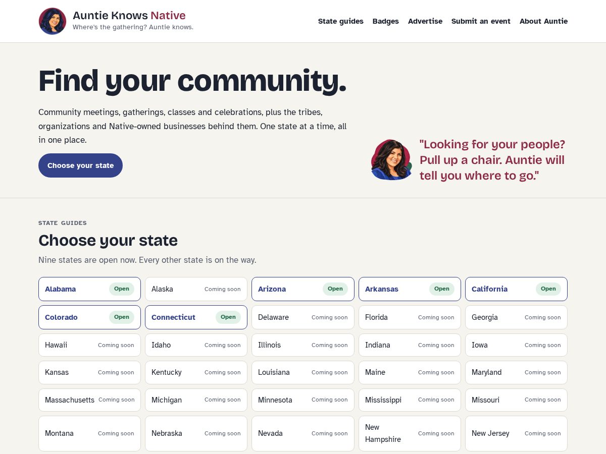 Landing-page snapshot of auntieknowsnative.com