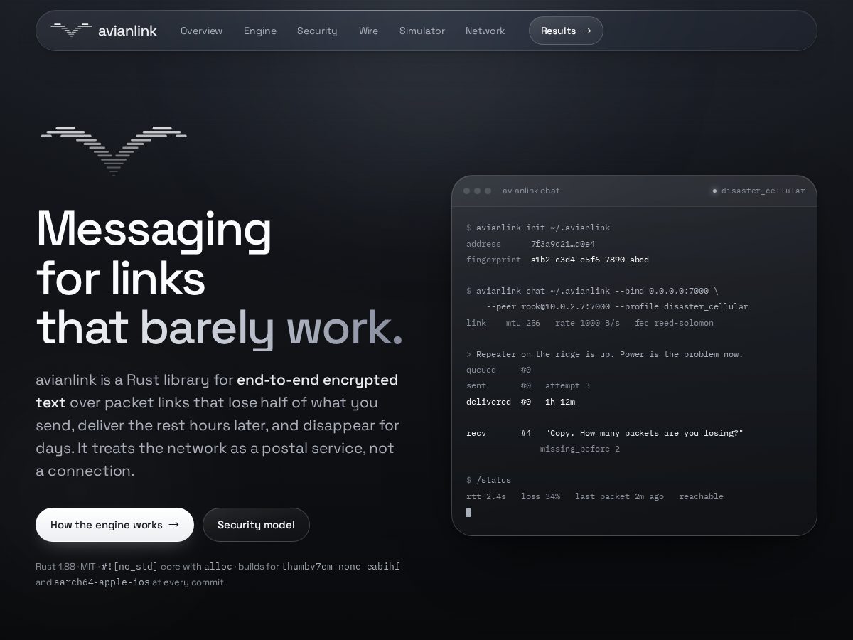 Landing-page snapshot of avianlink.dev