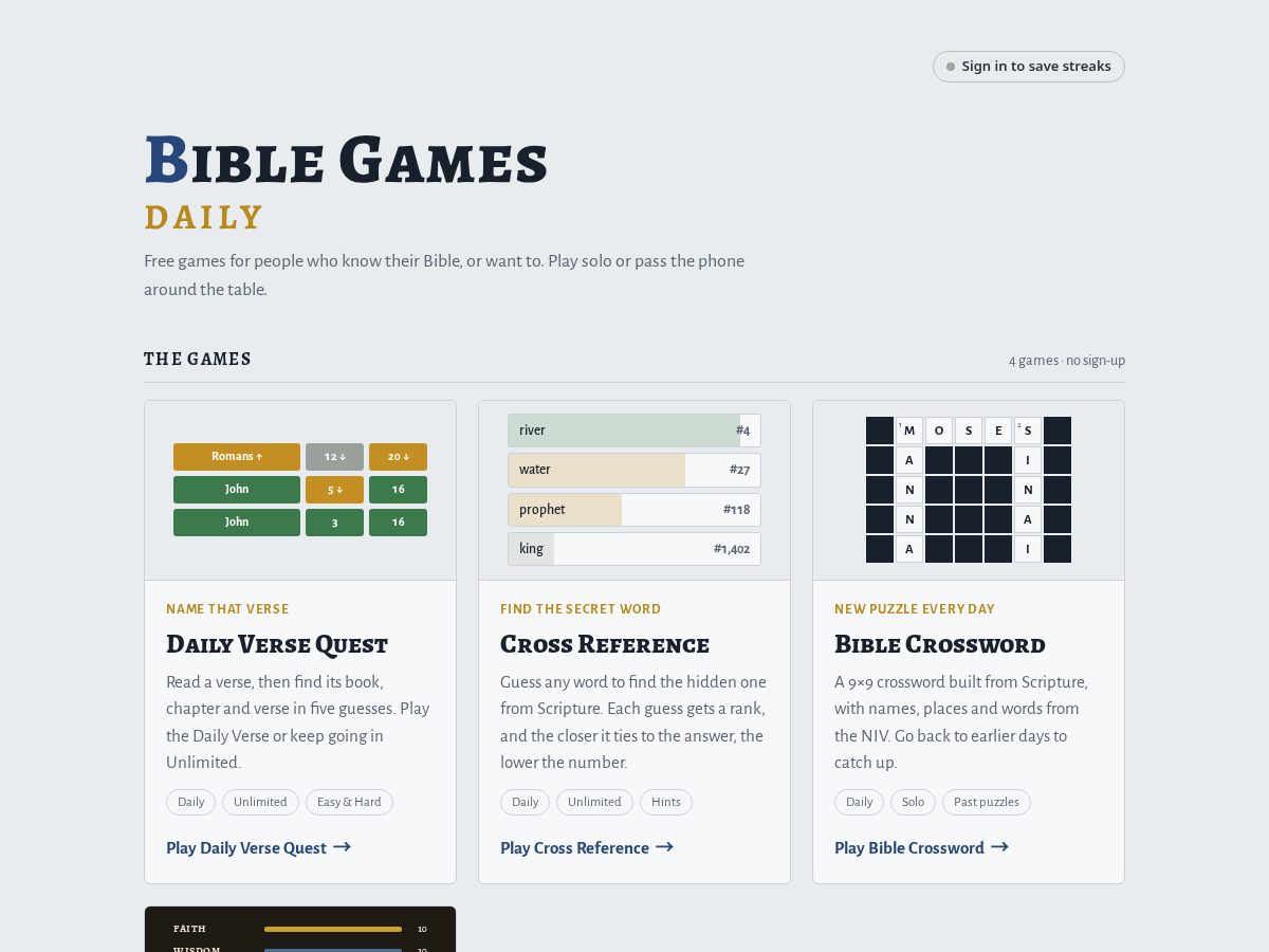 Landing-page snapshot of biblegamesdaily.com