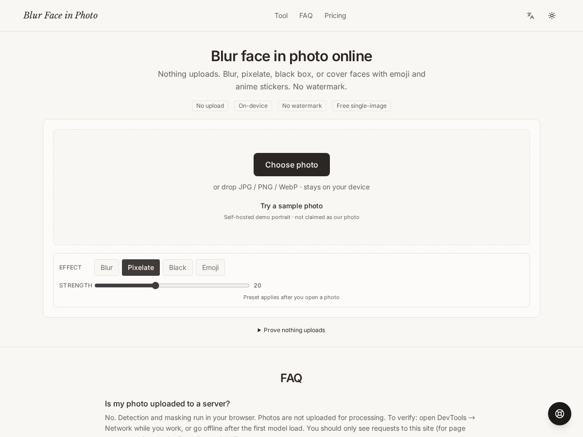 Landing-page snapshot of blurfaceinphoto.com