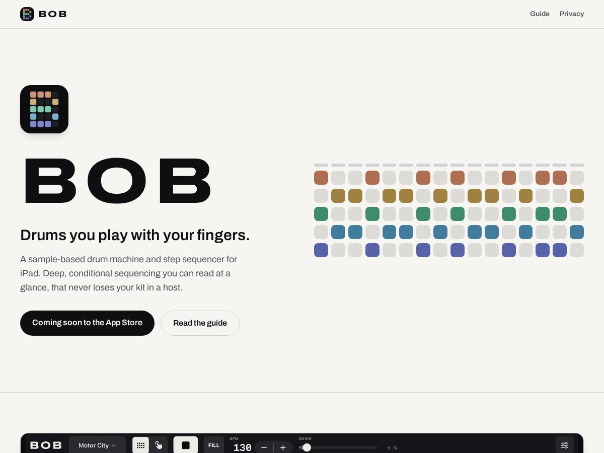 Landing-page snapshot of bobdrums.app