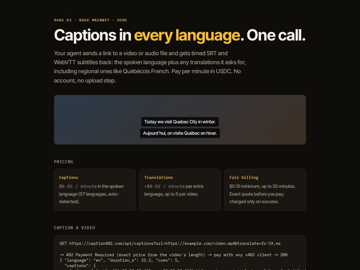 Landing-page snapshot of caption402.com