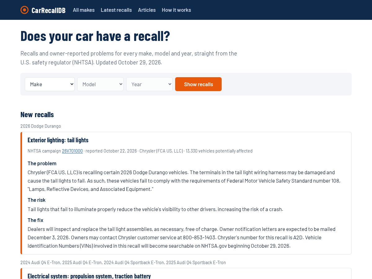 Landing-page snapshot of carrecalldb.com