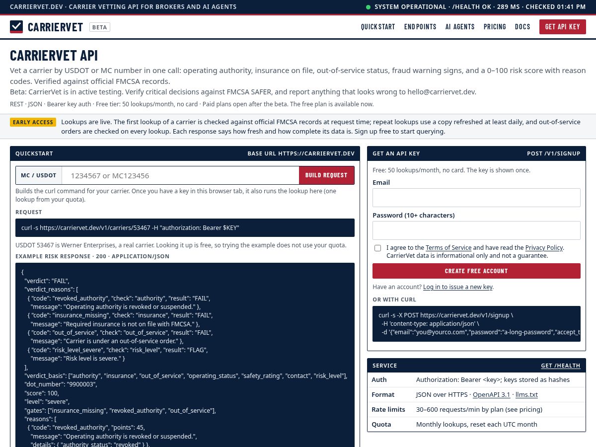 Landing-page snapshot of carriervet.dev