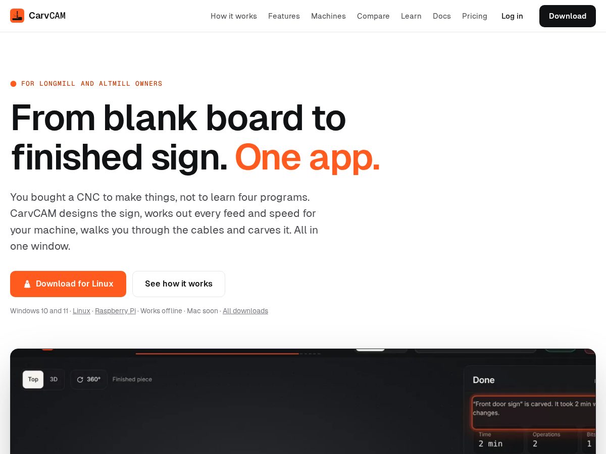 Landing-page snapshot of carvcam.com