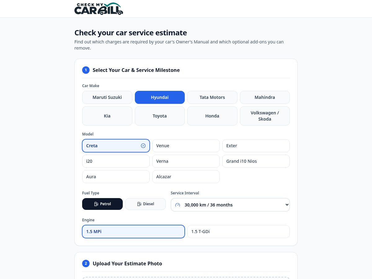 Landing-page snapshot of checkmycarbill.com