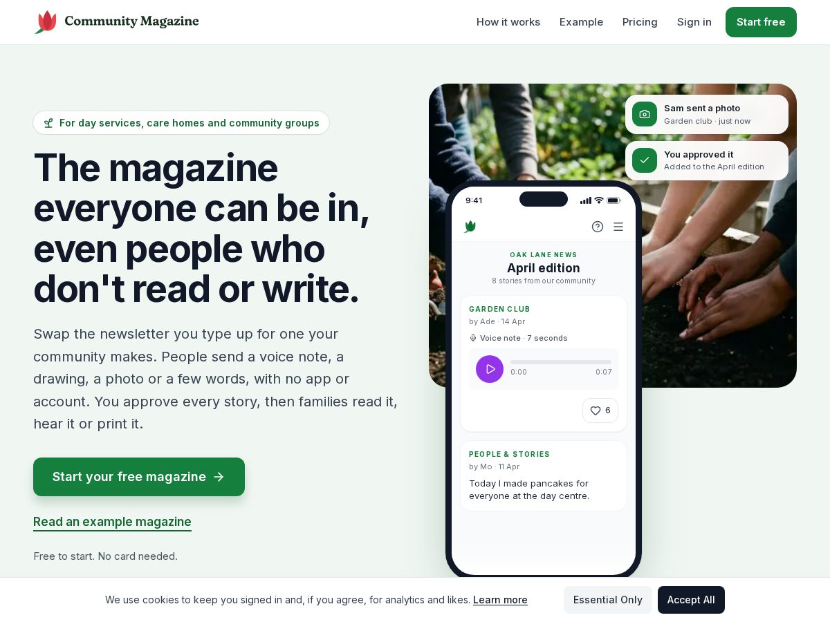 Landing-page snapshot of communitymagazine.app