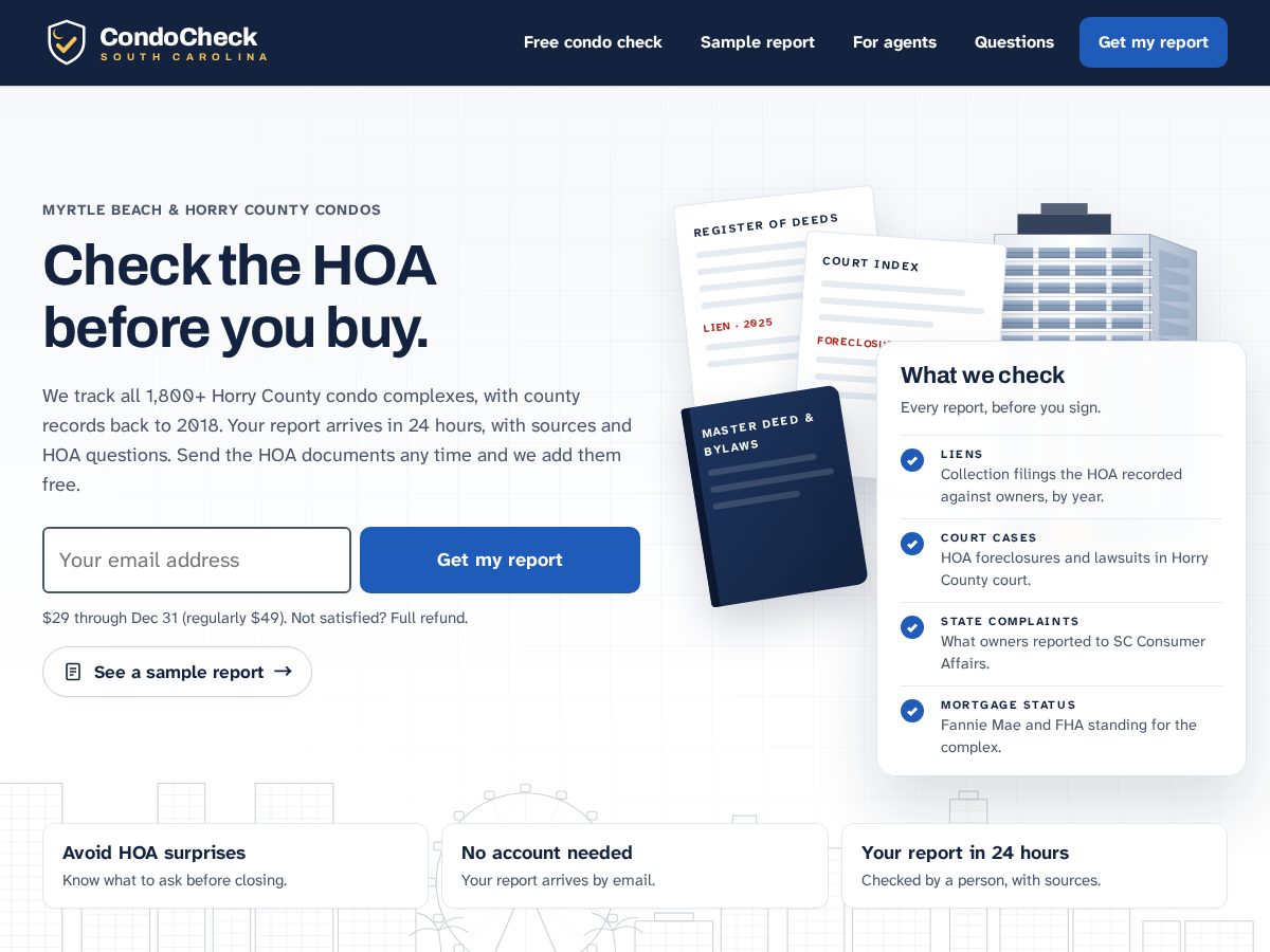 Landing-page snapshot of condochecksc.com