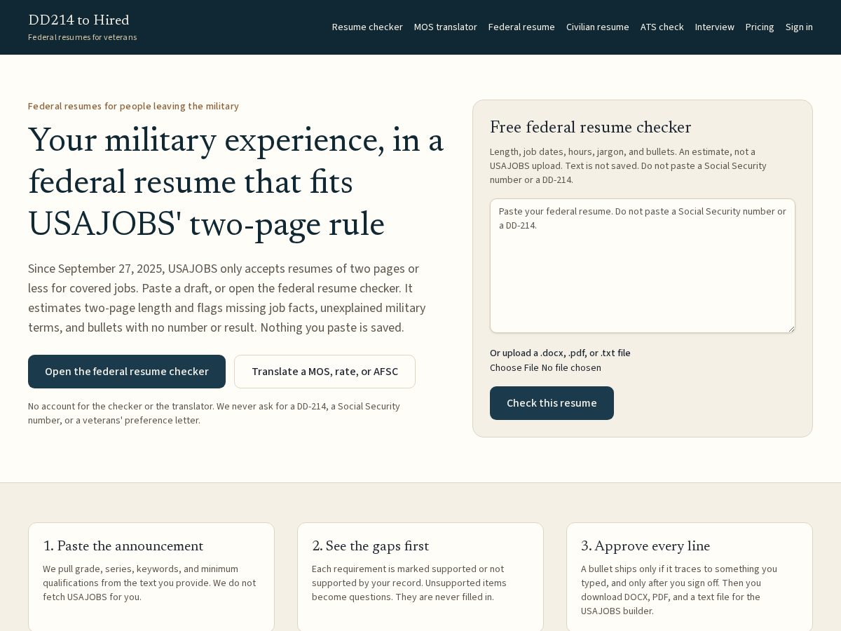 Landing-page snapshot of dd214tohired.com