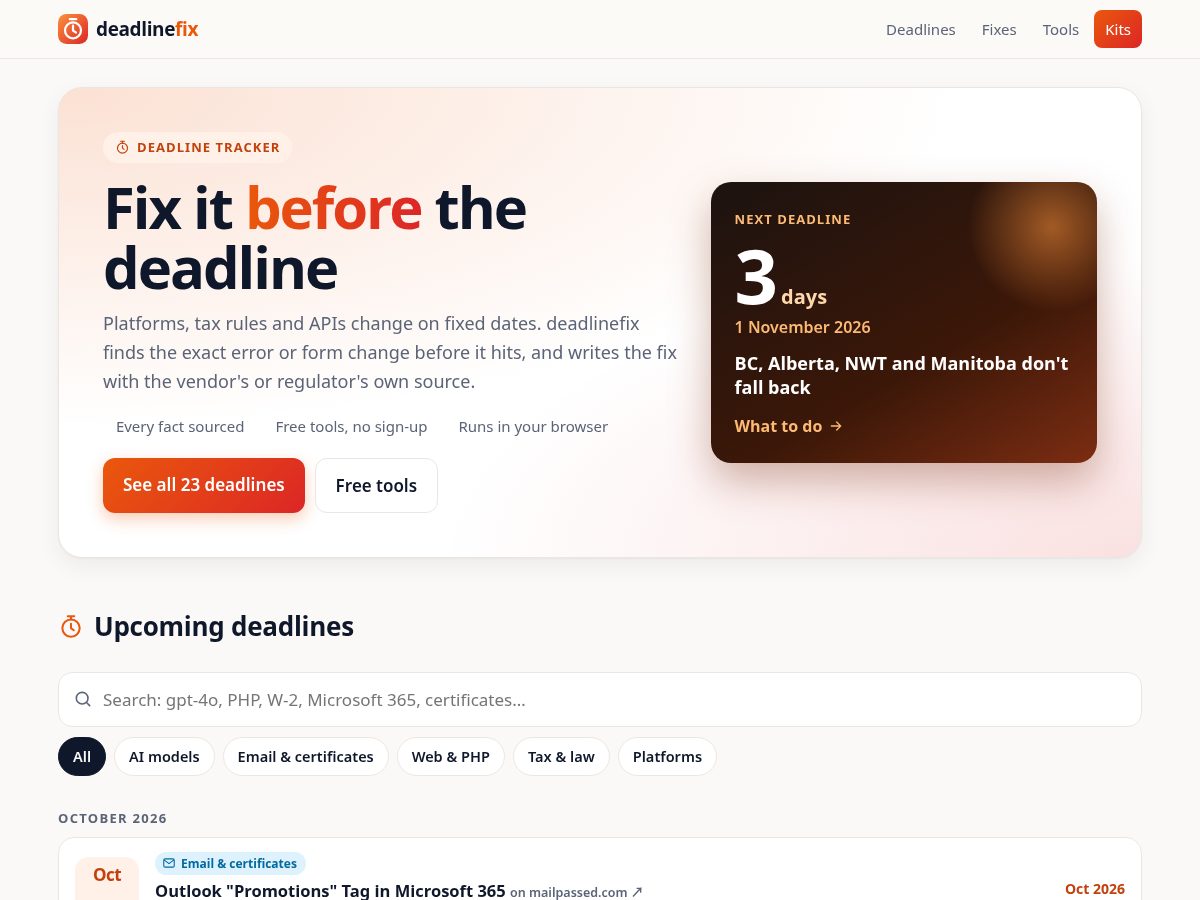 Landing-page snapshot of deadlinefix.com