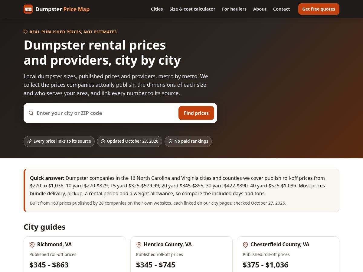 Landing-page snapshot of dumpsterpricemap.com