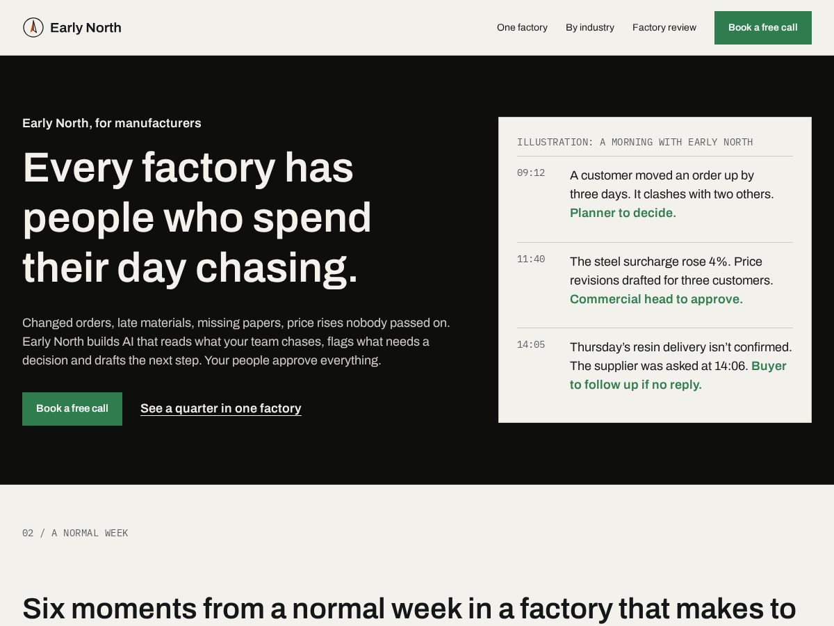 Landing-page snapshot of earlynorth.com