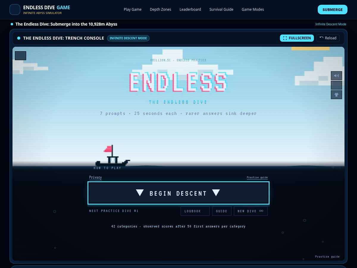 Landing-page snapshot of endlessdivegame.com
