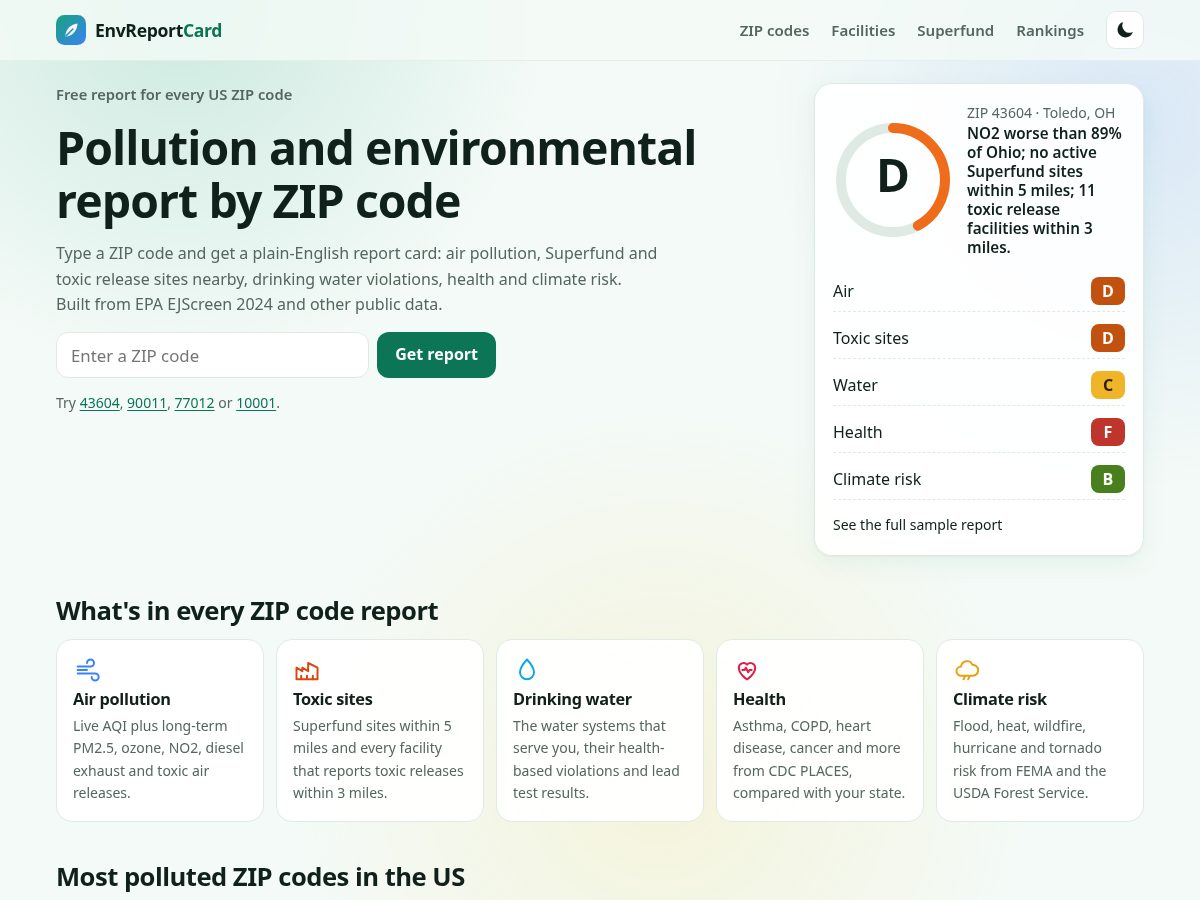 Landing-page snapshot of envreportcard.com