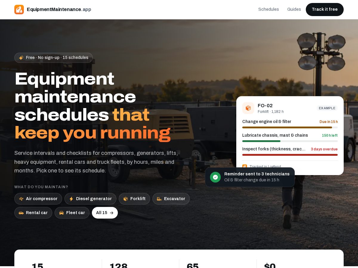 Landing-page snapshot of equipmentmaintenance.app