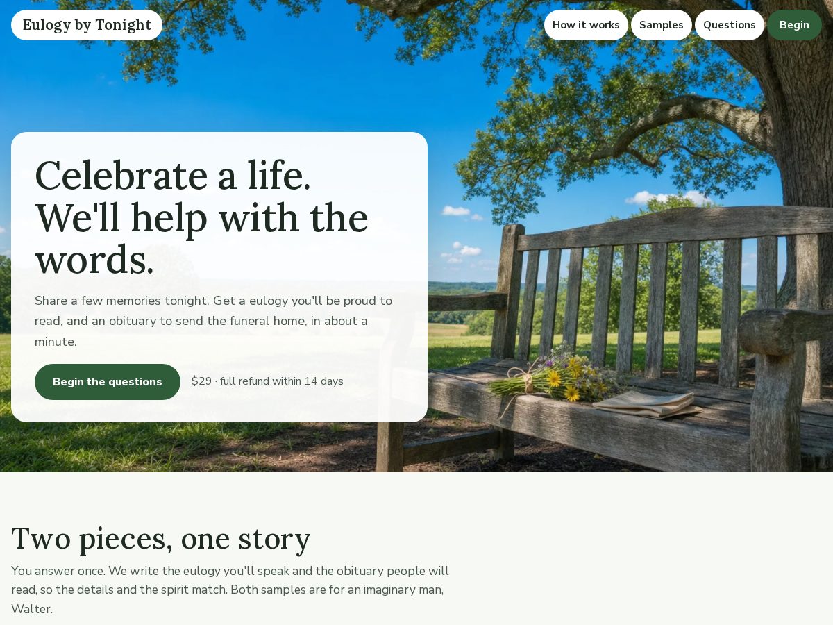 Landing-page snapshot of eulogybytonight.com