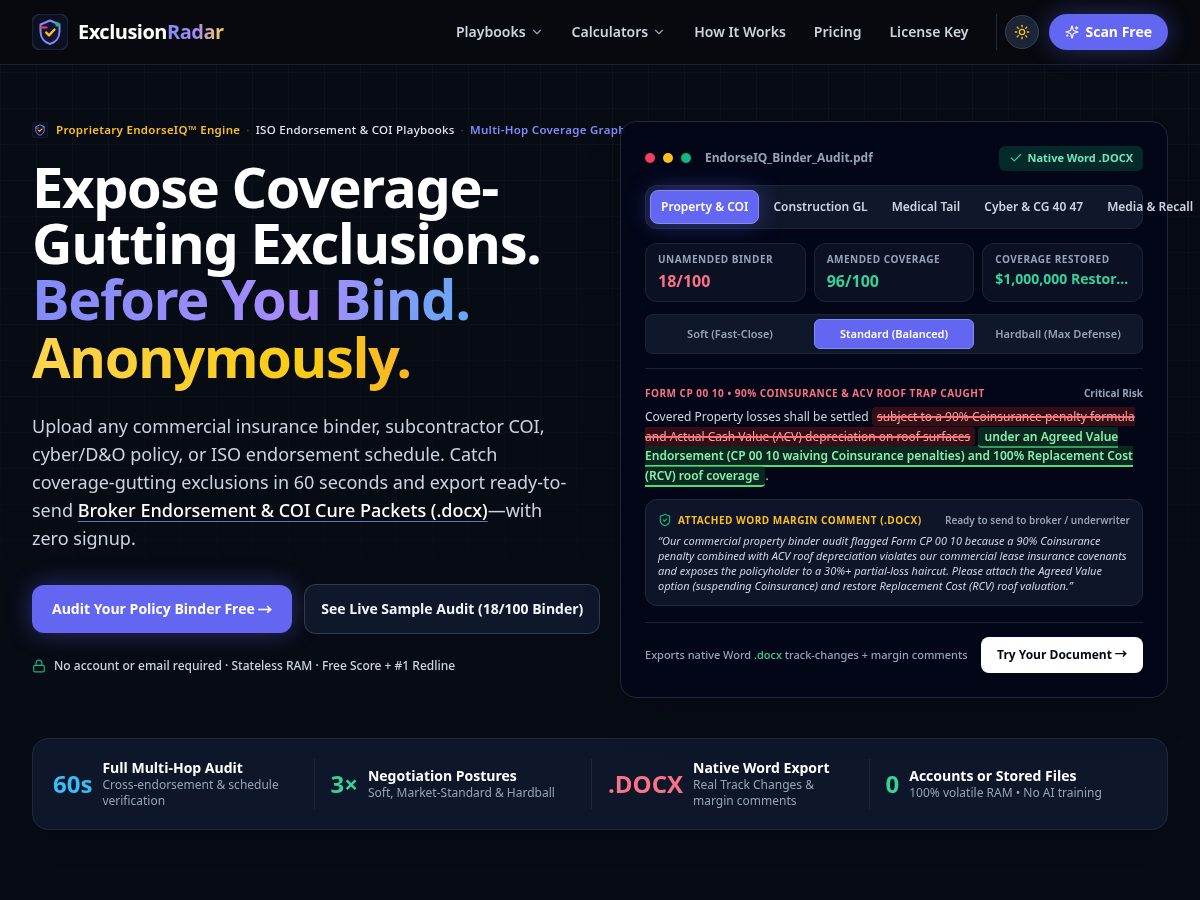 Landing-page snapshot of exclusionradar.com