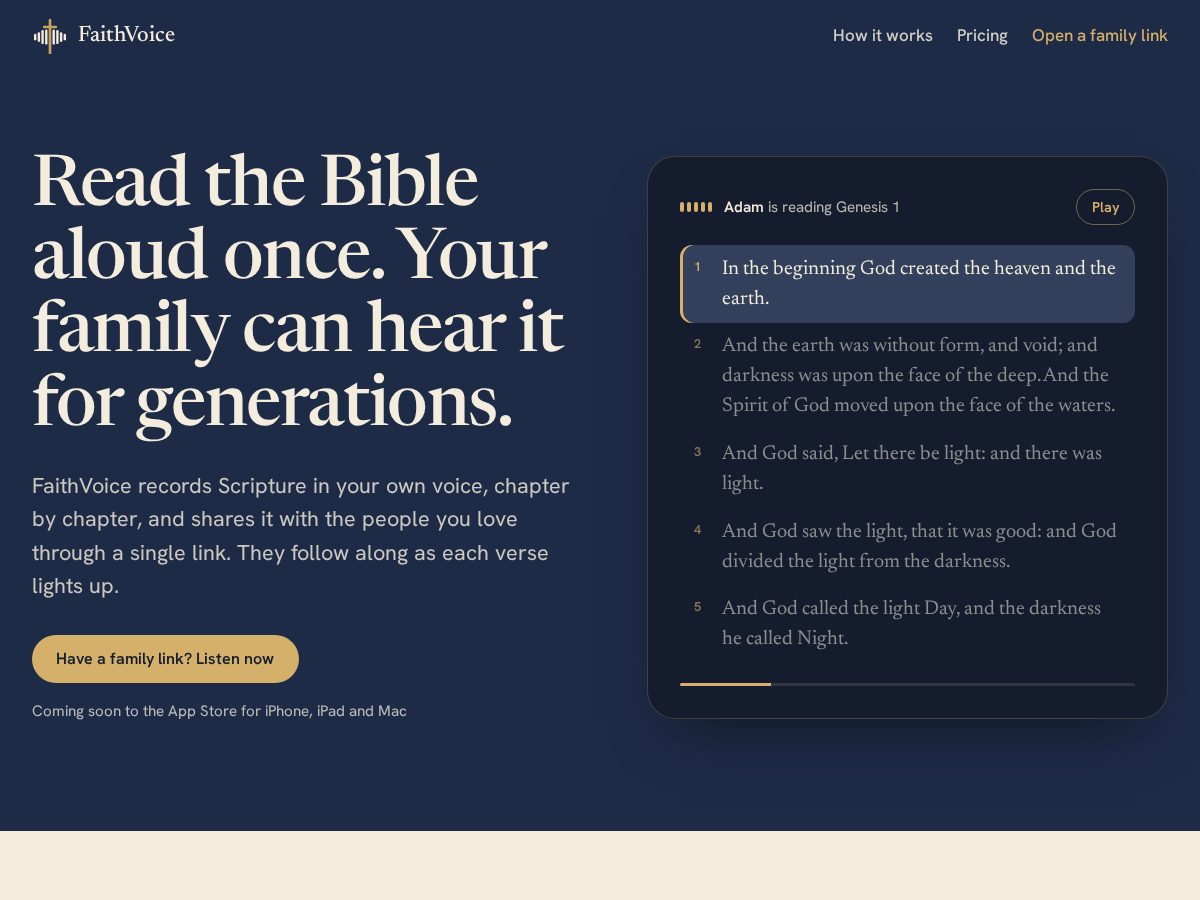 Landing-page snapshot of faithvoice.app