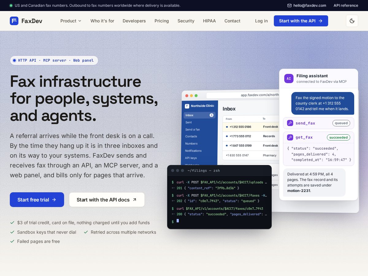 Landing-page snapshot of faxdev.com
