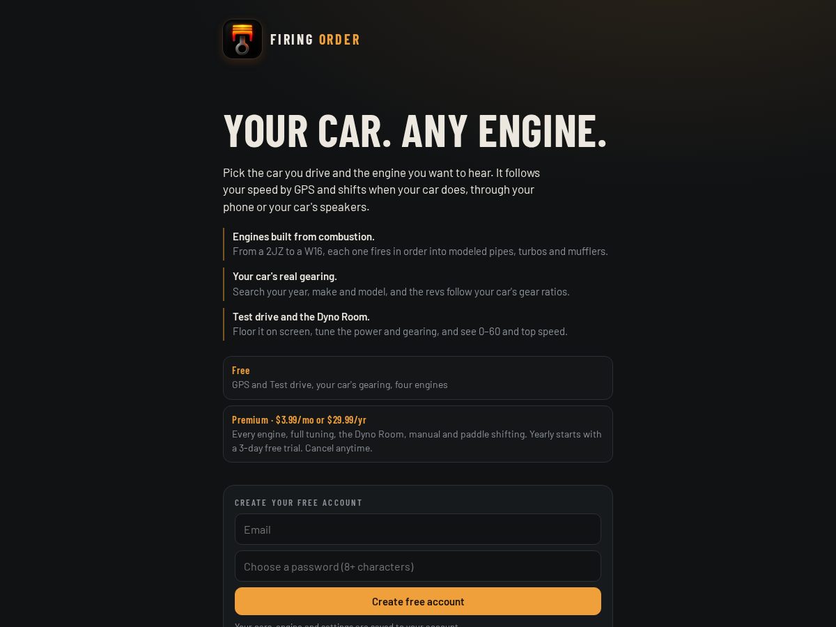 Landing-page snapshot of firingorderapp.com
