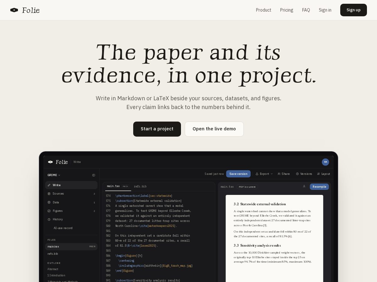 Landing-page snapshot of folie.work