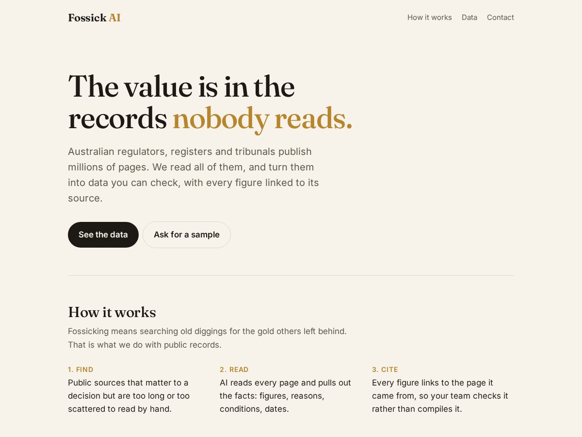 Landing-page snapshot of fossickai.com