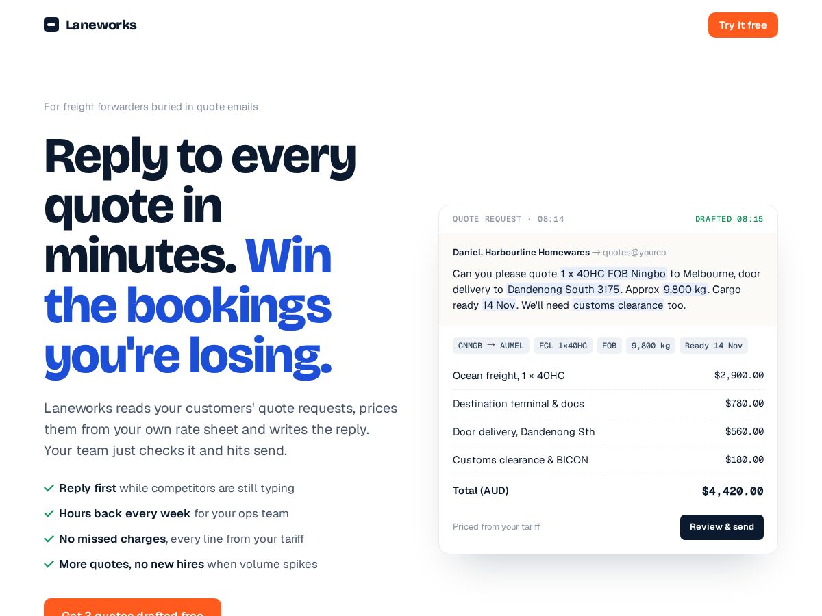 Landing-page snapshot of getlaneworks.com