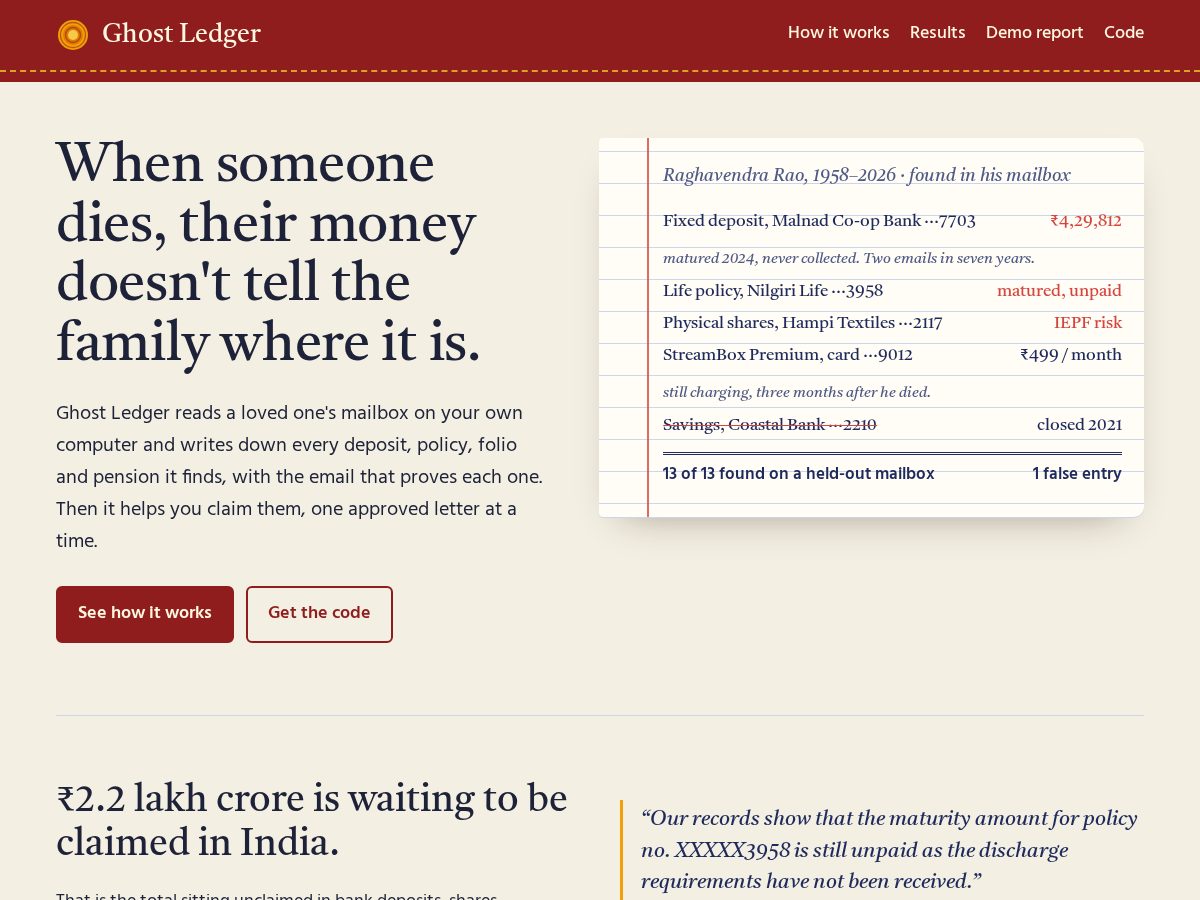 Landing-page snapshot of ghostledger.tech